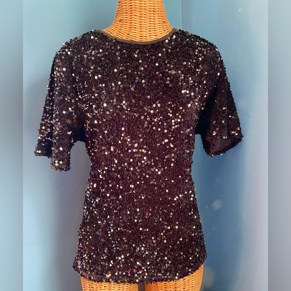 Skinny Girl Sparkly Sequin Top Stretch Short Sleeve Crew Neck Size Medium